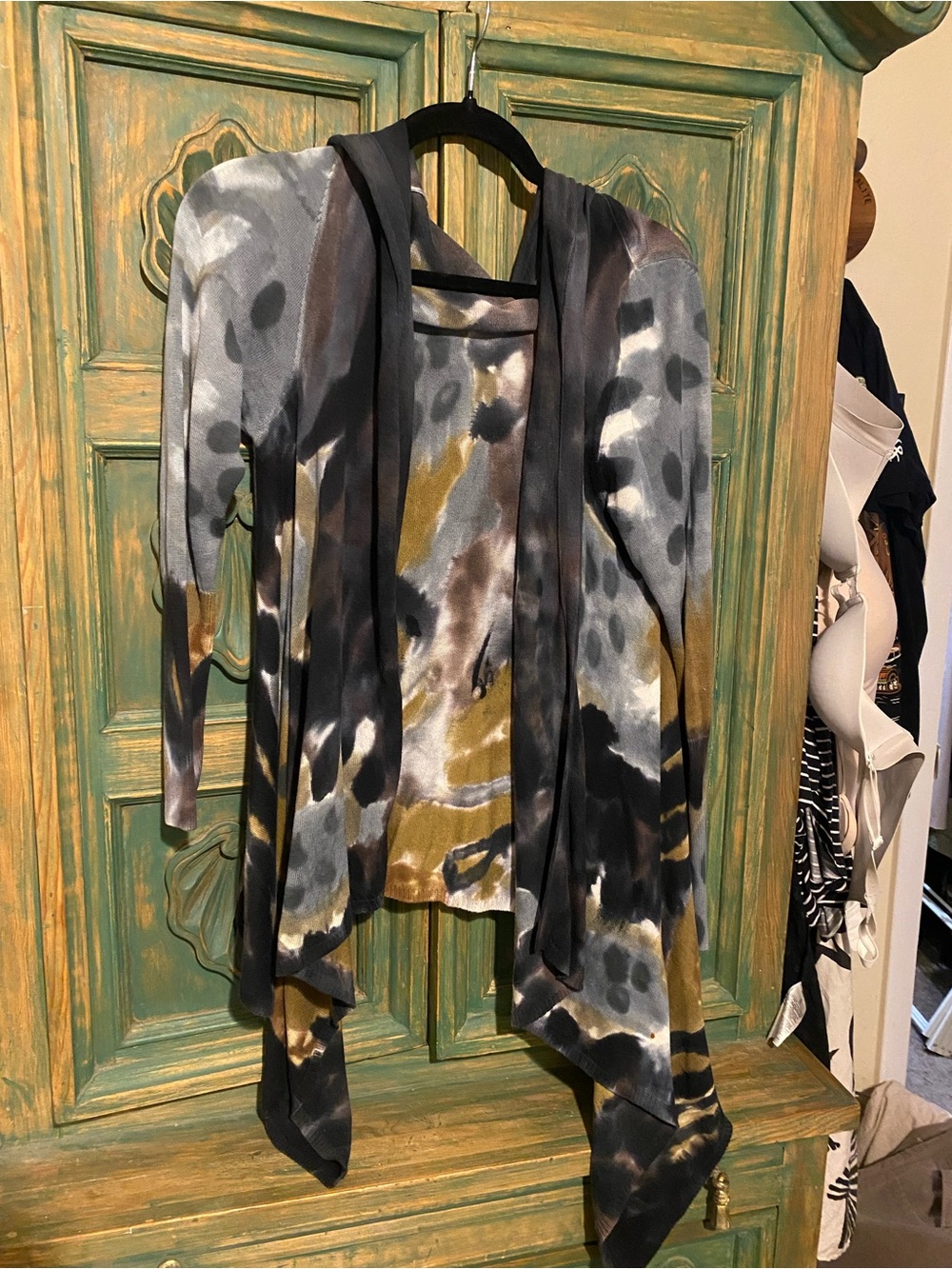 Adore Abstract Draped Open-Front Cardigan in Gray, Olive & Black